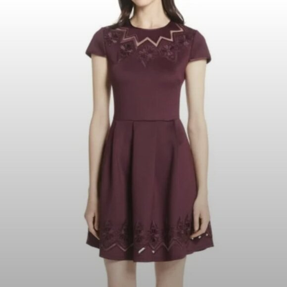 Ted Baker Burgundy Embroidered Skater Dress size 2 US Scuba Knit Event Preppy - Picture 1 of 14